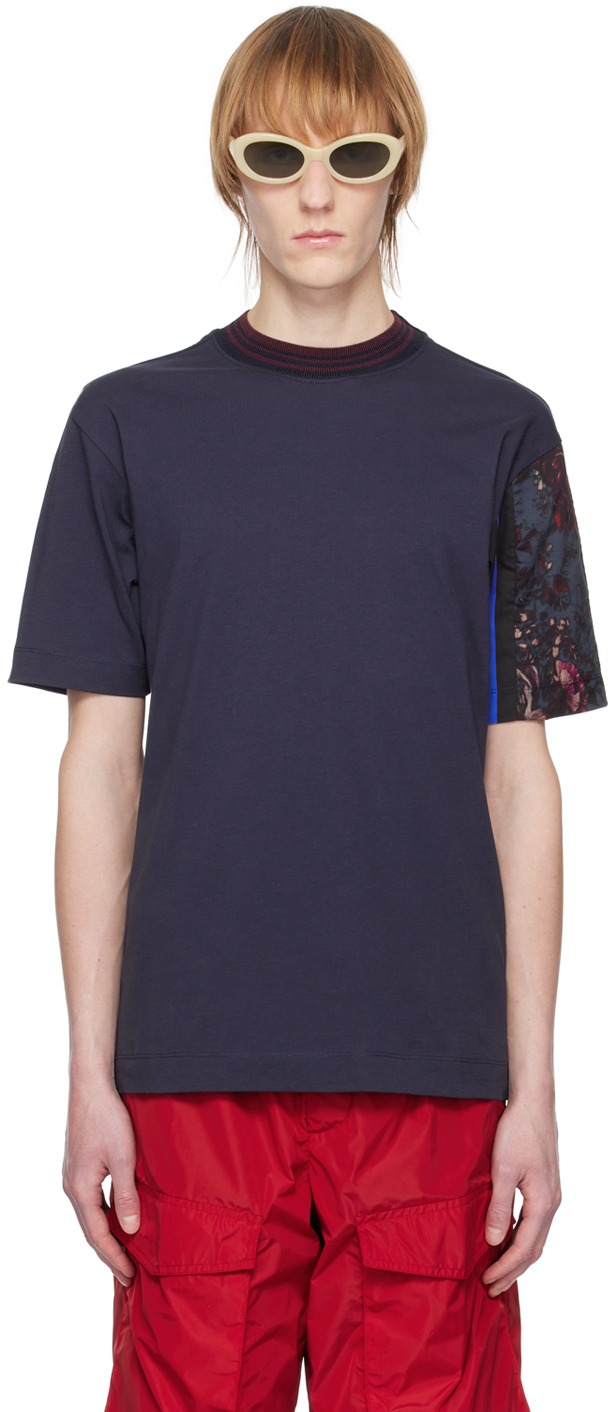 Dries Van Noten Navy Patchwork Sleeve T-shirt In 509 Navy