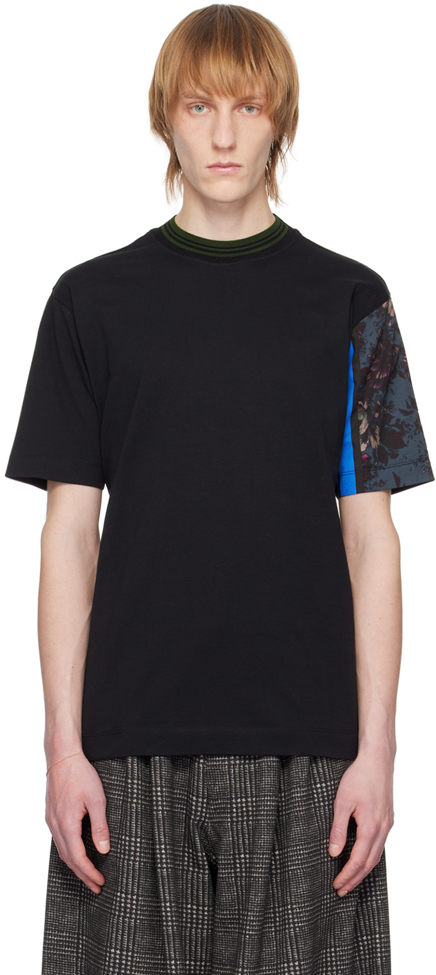 Dries Van Noten Black Patchwork Sleeve T-shirt In 900 Black