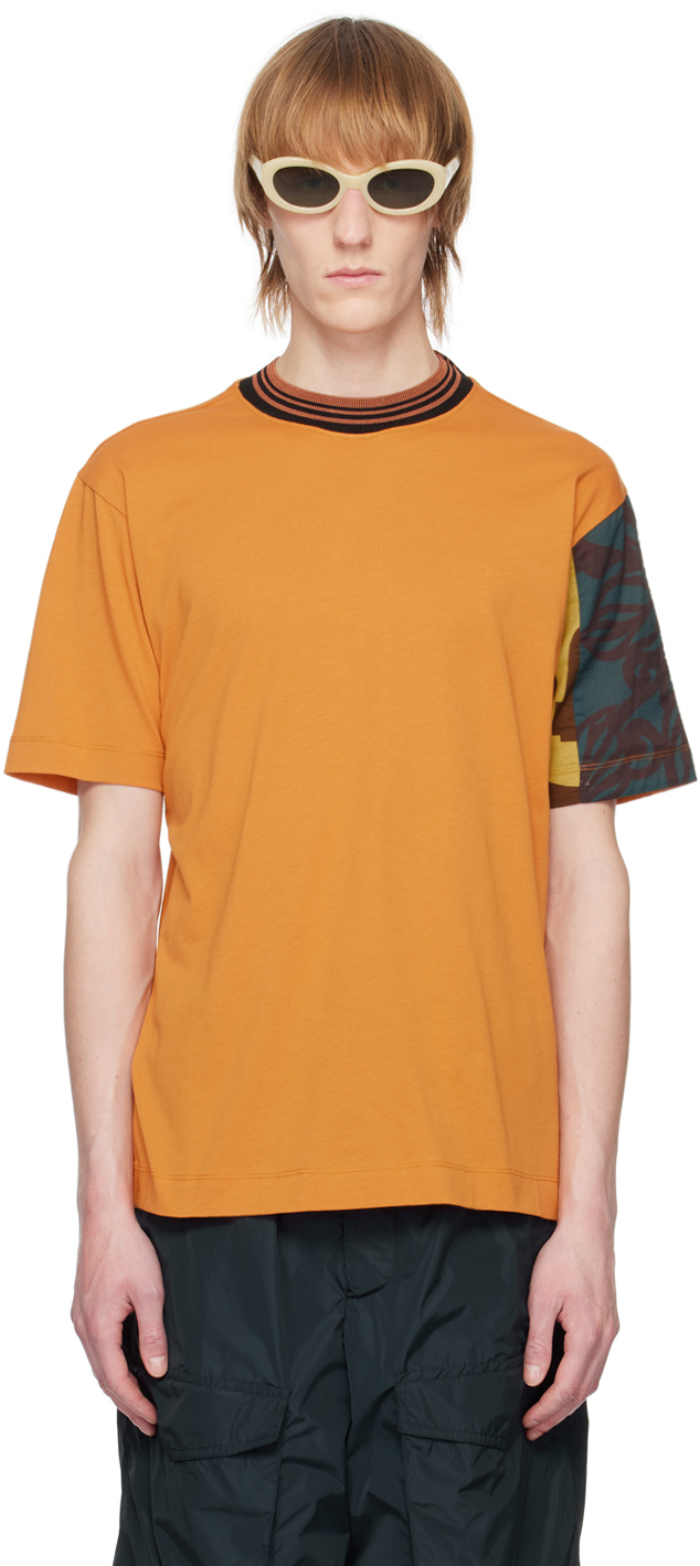 Dries Van Noten: Orange Patchwork Sleeve T-Shirt | SSENSE