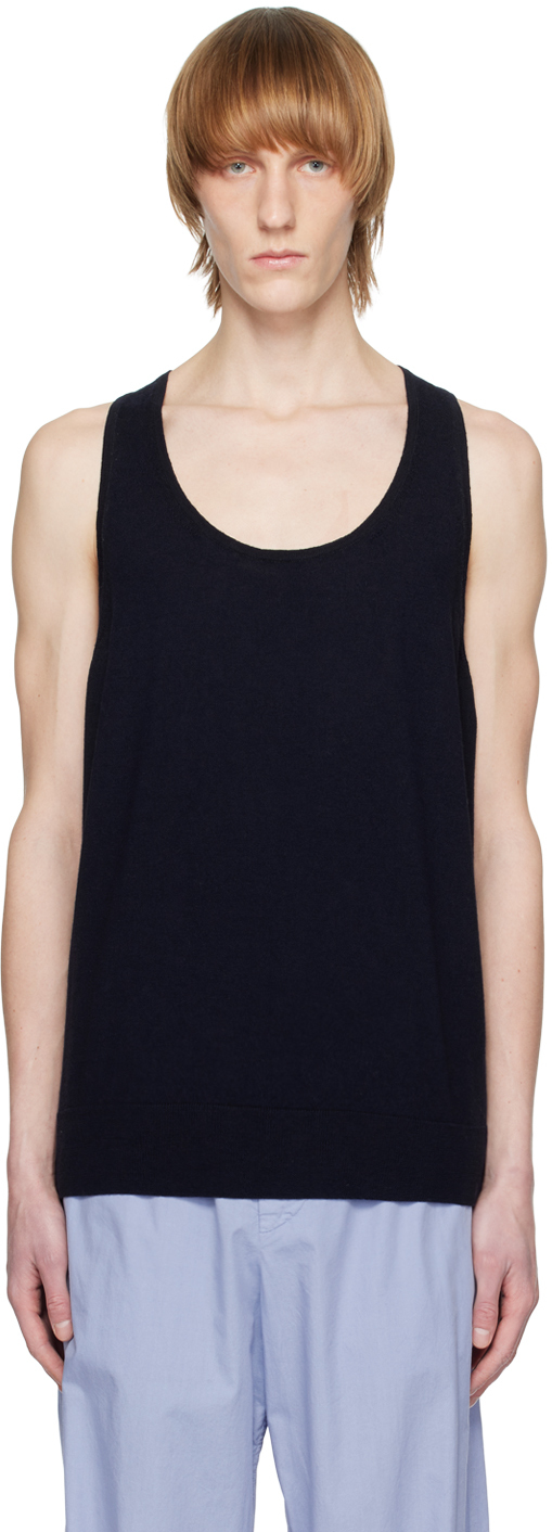 Dries Van Noten: Navy Rib Trim Tank Top | SSENSE