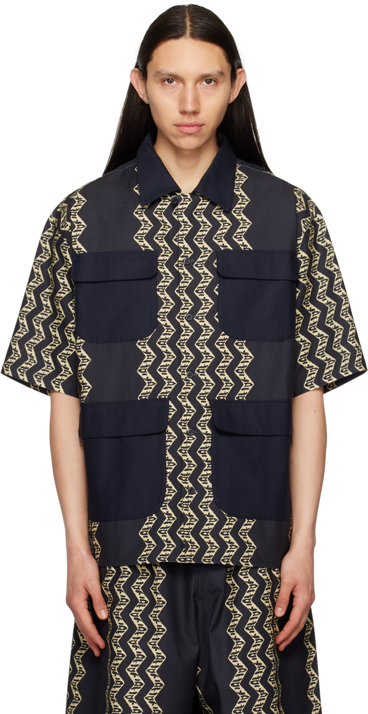 Nicholas Daley Calypso Aloha Zigzag-pattern Cotton Shirt In Indigo Ecru