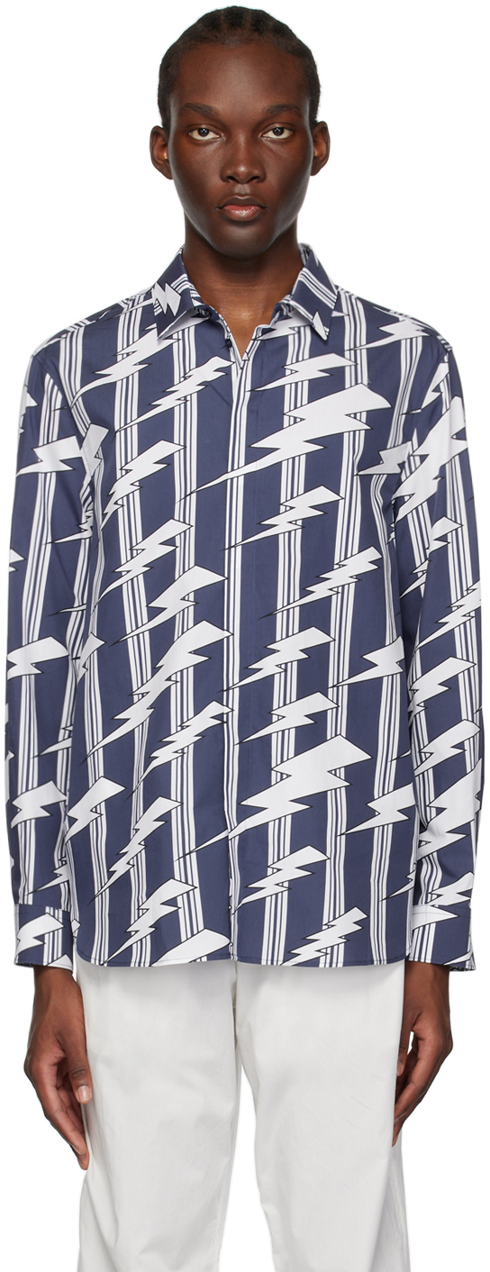 Neil Barrett Navy & White Striped Raining Bolts Shirt In Ink Navy/whi