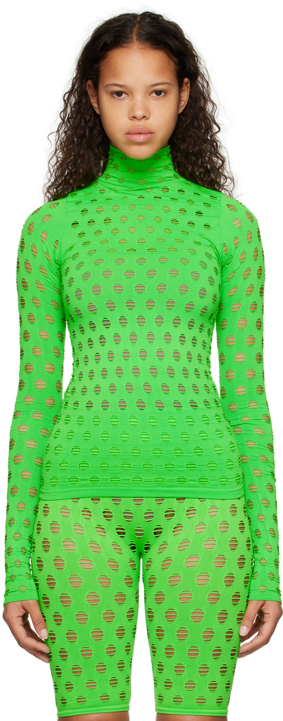 Maisie Wilen Green Perforated Turtleneck In Chartreuse