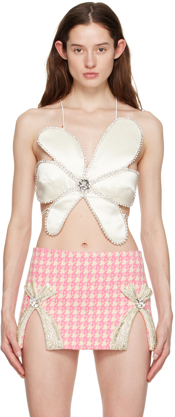 Area Cropped Open-back Crystal-embellished Satin Top In Off White