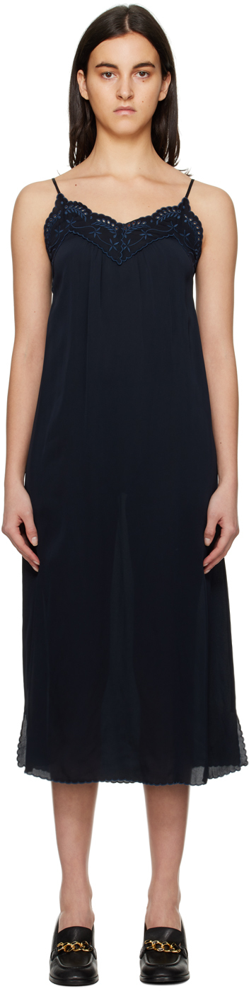 See By Chloé Embroidered Satin Midi Dress In Black