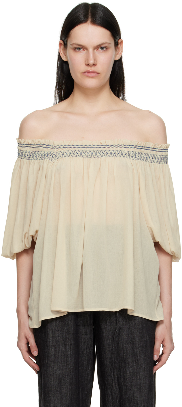 See By Chloé Embroidered Smocked Georgette Blouse In Neutrals