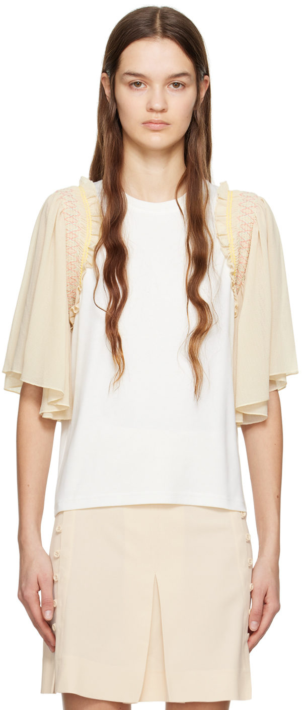 See By Chloé White Paneled T-shirt In 106 Crystal White