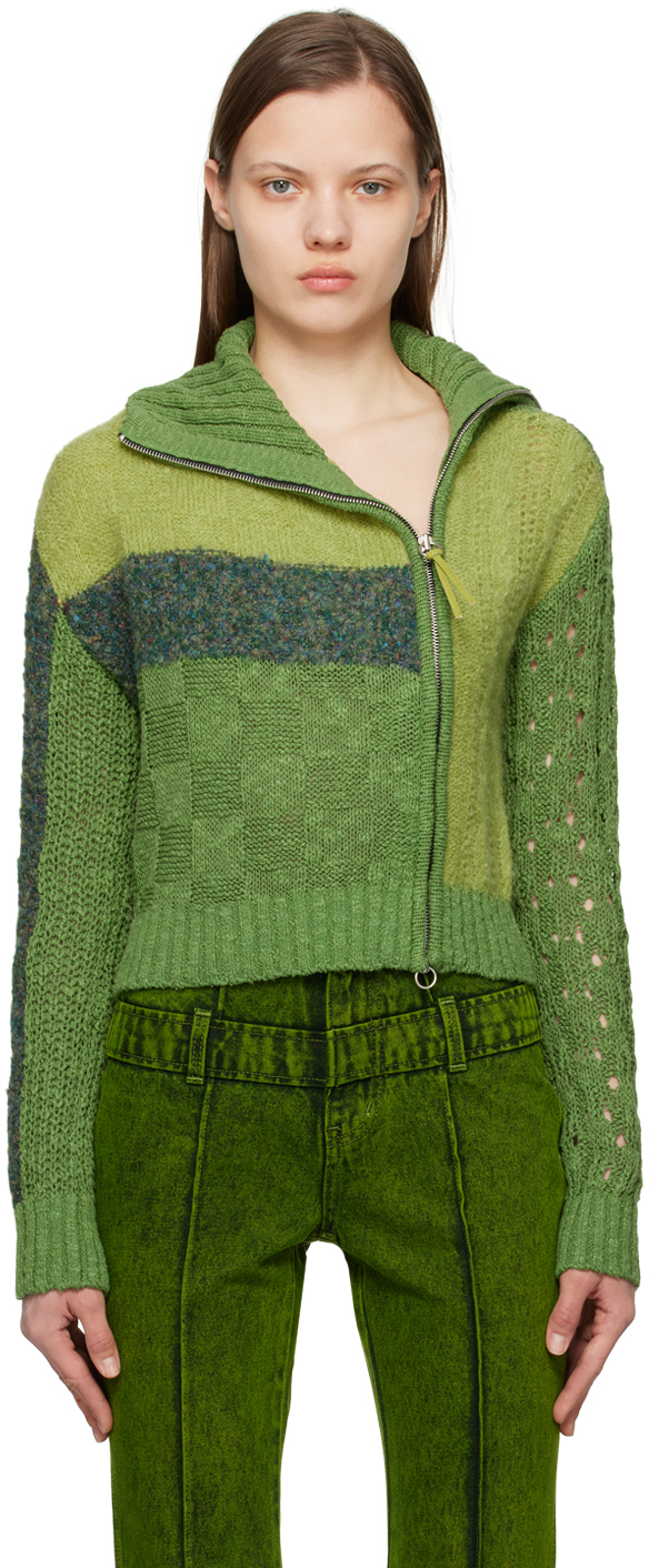 Andersson Bell Patchwork Collar Knit Zip Cardigan In Green