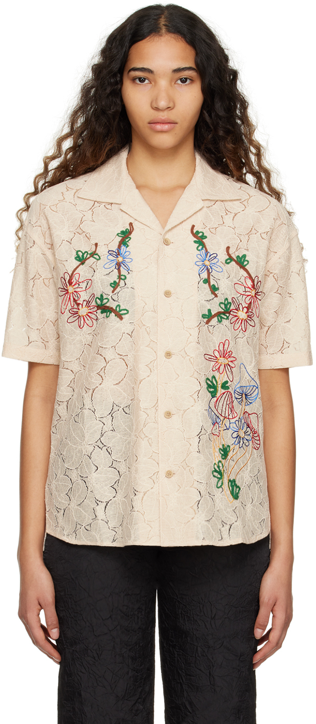 Beige Flower Mushroom Embroidered Shirt by Andersson Bell on Sale
