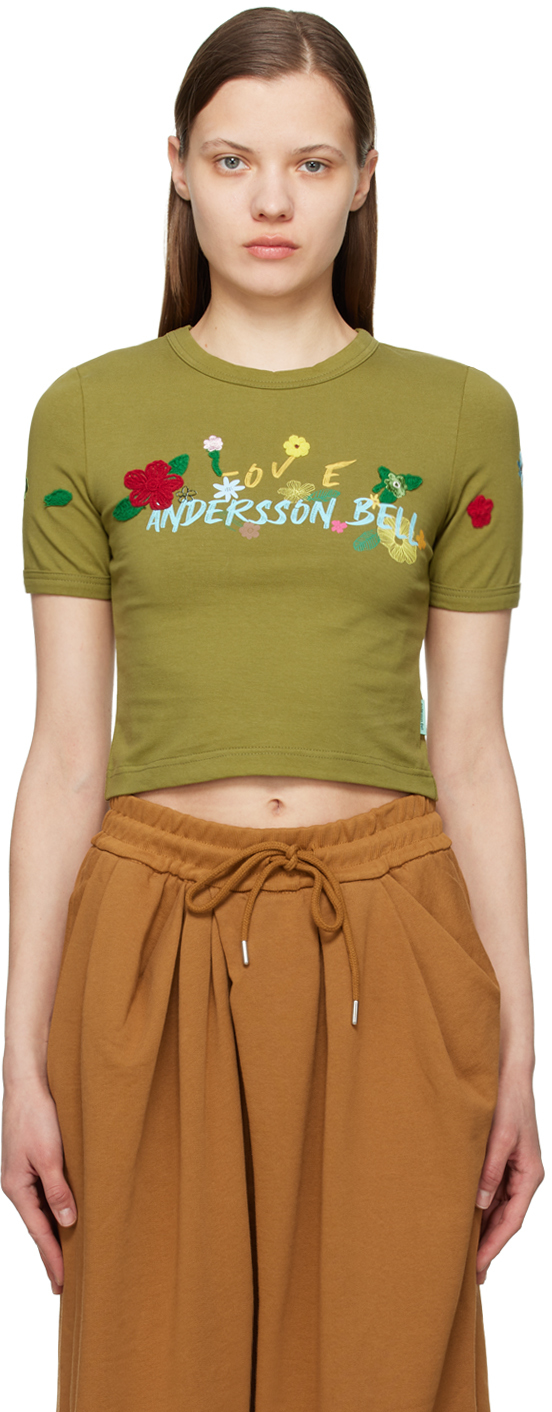 Andersson Bell Embroidered Logo-print Cropped T-shirt In Khaki
