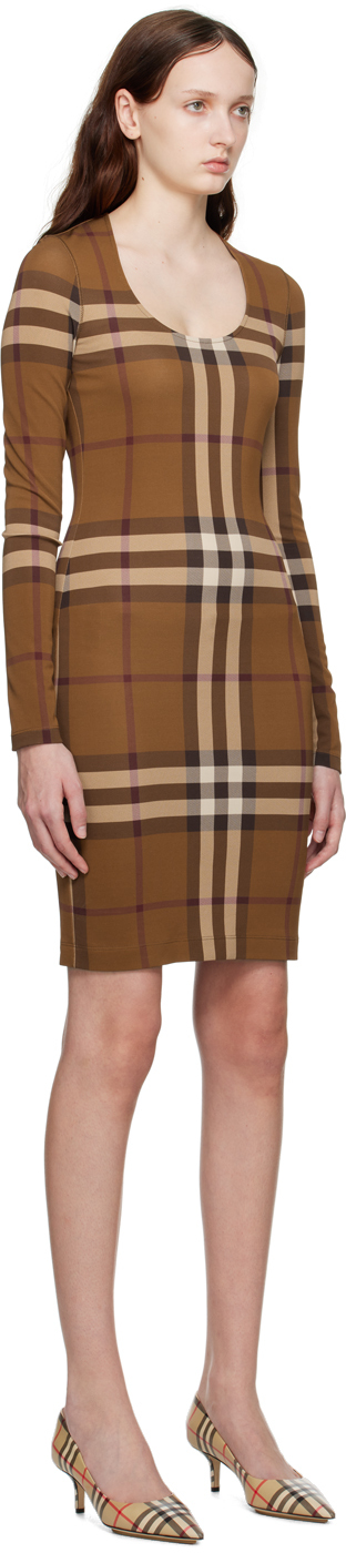 Burberry Brown Exaggerated Check Midi Dress In Dark Birch Brown Chk