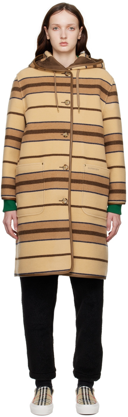 Burberry Hooded Striped Leather-trimmed Wool Coat In Brown