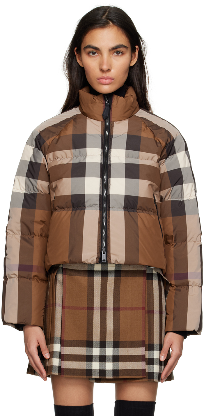 Burberry: Brown Check Cropped Down Jacket | SSENSE