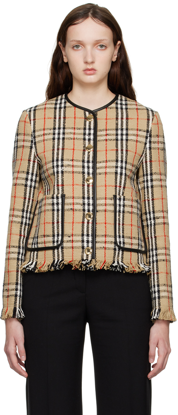 Burberry Beige Vintage Check Collarless Jacket