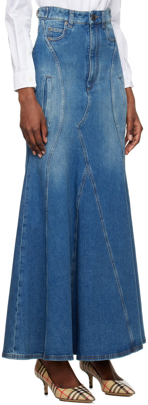 BURBERRY BLUE PANELED DENIM MAXI SKIRT 