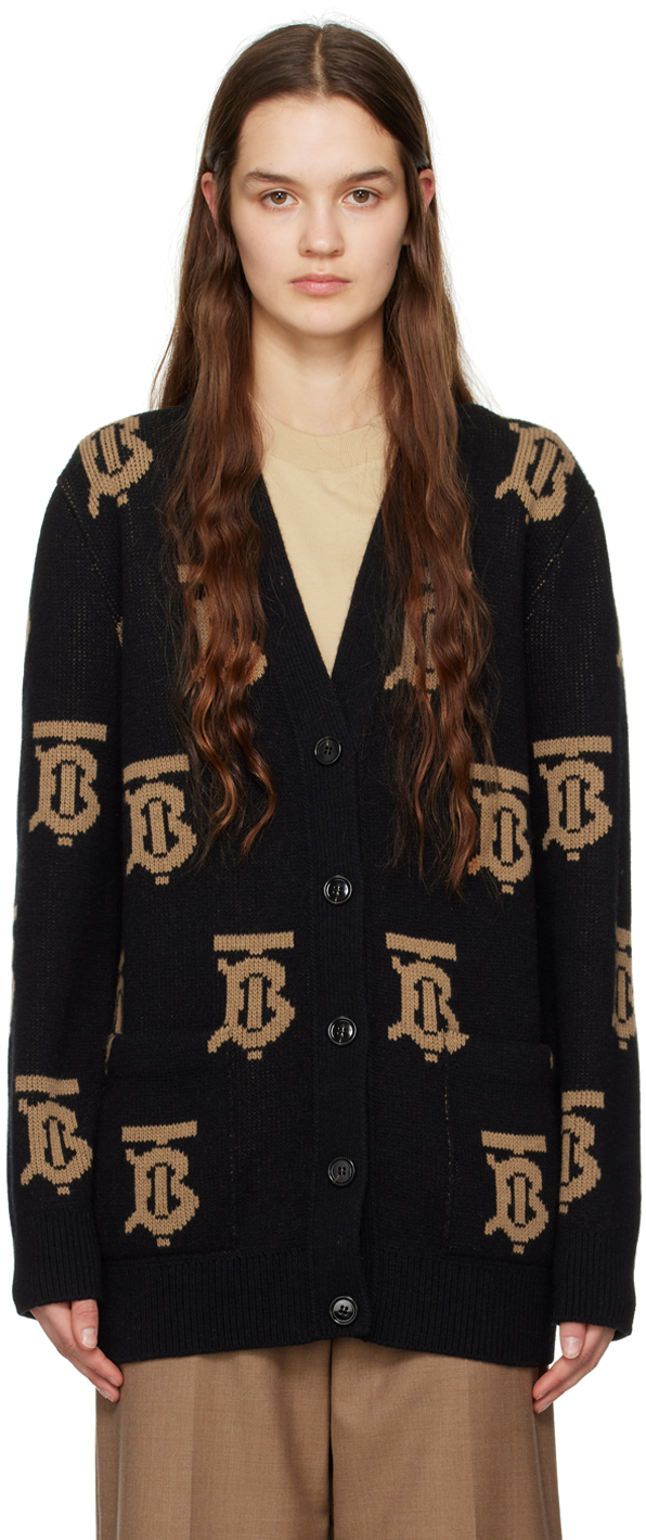Burberry Nadine Tb Monogram Wool Cardigan In Black