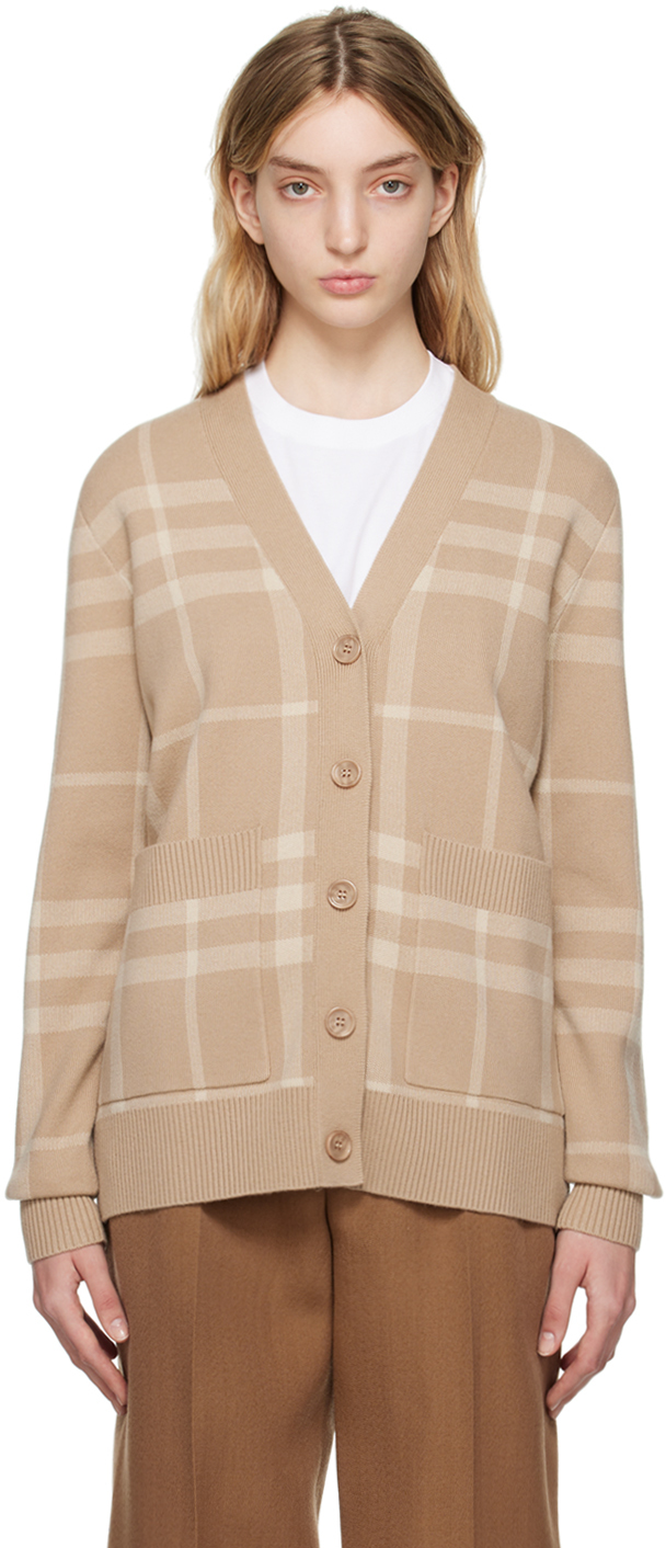 Shop Burberry Beige Check Cardigan In Soft Fawn