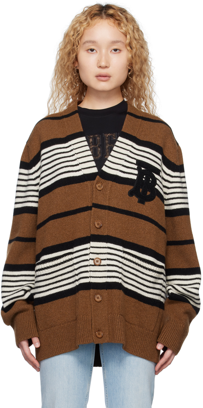 Shop Burberry Brown Striped Cardigan In Dark Birch Brown