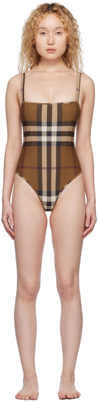 Burberry Check Stretch Nylon Swimsuit In Brown