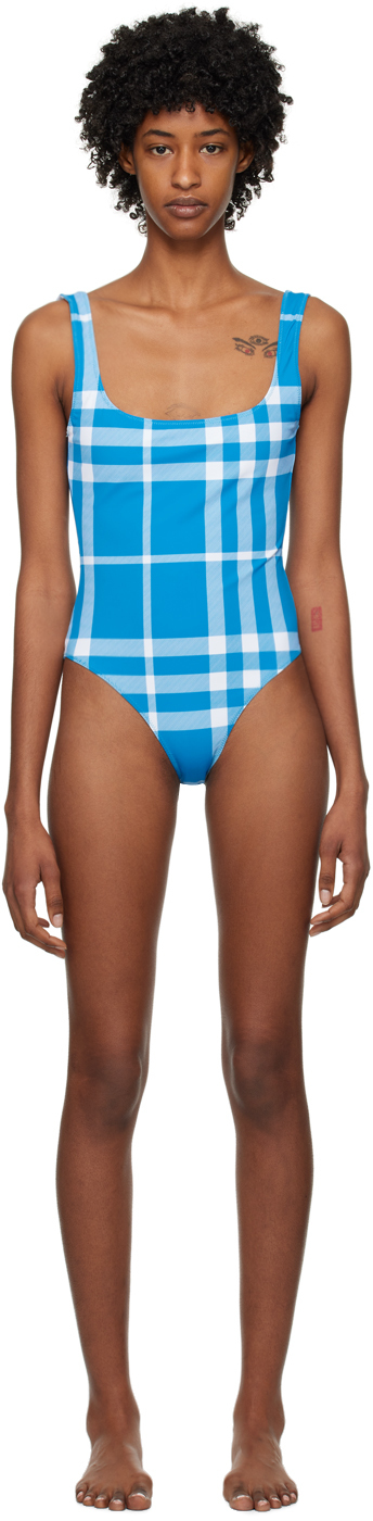 Shop Burberry Blue Check One-piece Swimsuit In Vivid Blue Ip Check