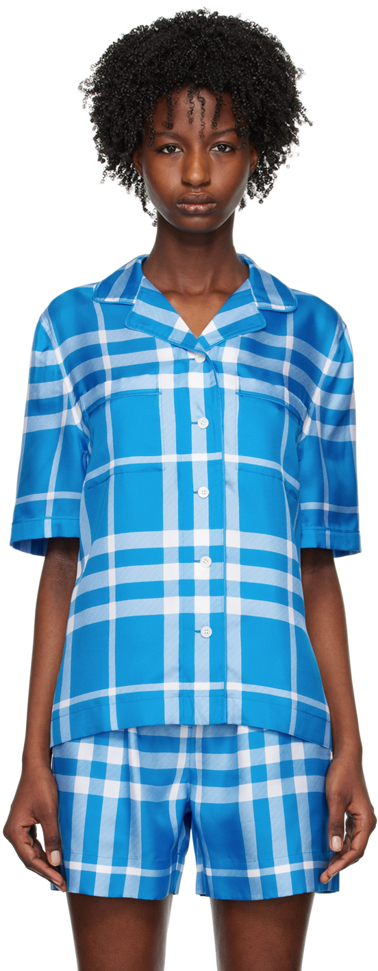Burberry Tierney Check Silk Camp Shirt In Vivid Blue Ip Check