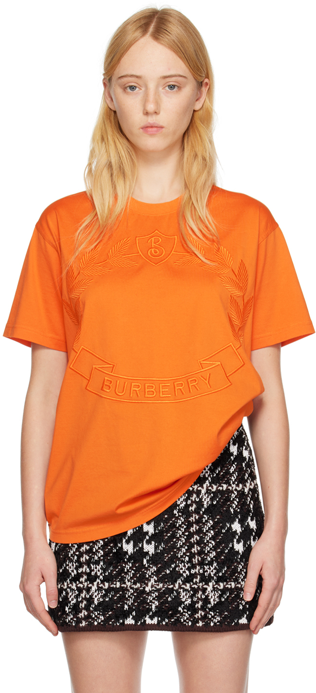 Burberry Logo Embroidered T-shirt In Orange