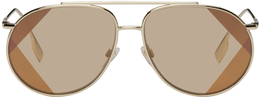 Burberry Gold Oversize Icon Stripe Pilot Sunglasses