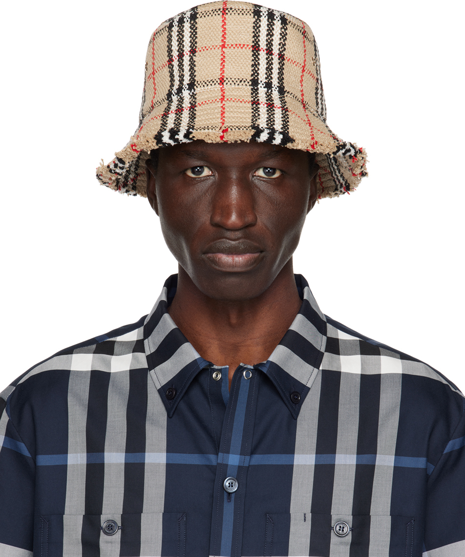 Beige Check Bucket Hat by Burberry on Sale