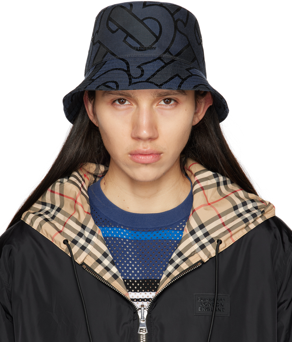 Burberry Allover Logo Printed Bucket Hat In Navy