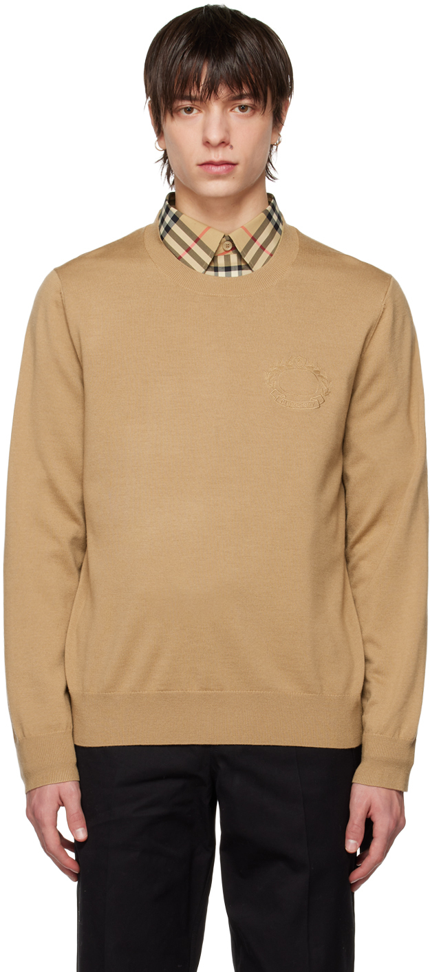 Burberry Crest Embroidery Sweater In Beige Wool
