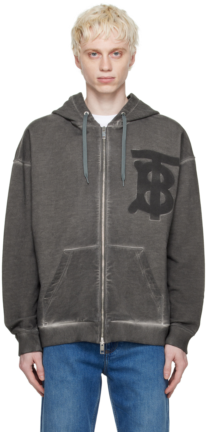 Burberry Monogram Motif Cotton Oversized Zip Hoodie In Charcoal Grey