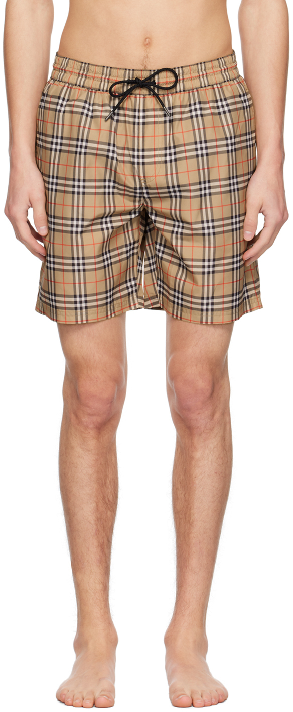 Shop Burberry Beige Check Drawcord Swim Shorts In Archive Beige Ip Chk
