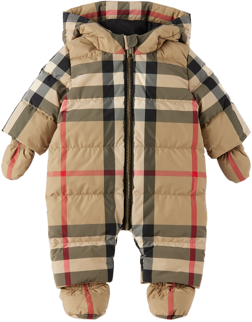 Shop Burberry Baby Beige Check Snowsuit In Archive Beige Ip Chk