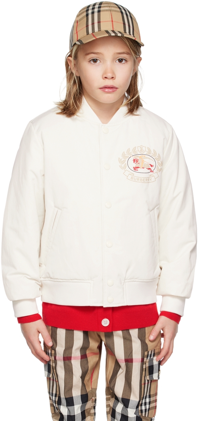 Burberry Kids White Printed Bomber Jacket In Pale Cream