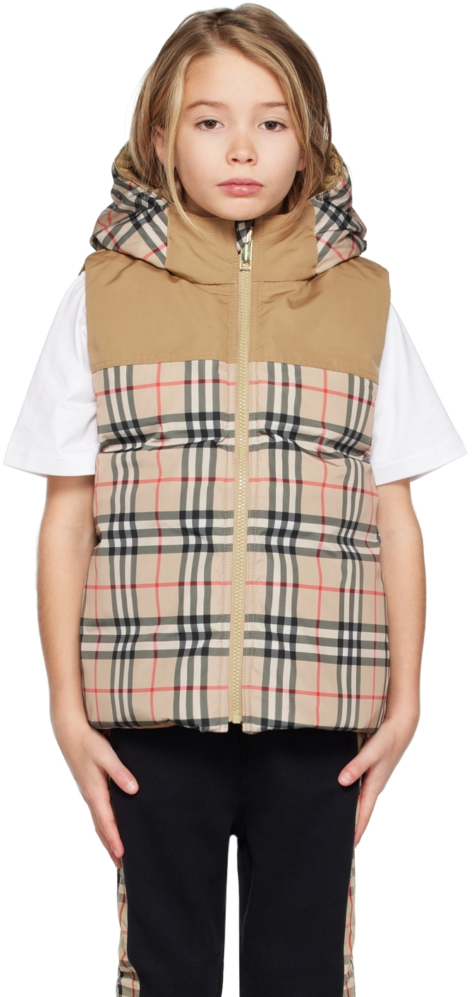 Burberry Kids' Reversible Check Print Nylon Puffer Vest In Beige