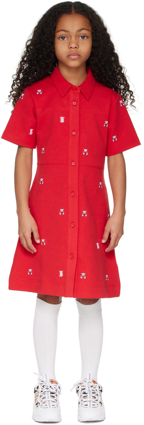 Burberry Kids' Girl's Romola Embroidered Teddy & Monogram Shirt Dress In  Red | ModeSens