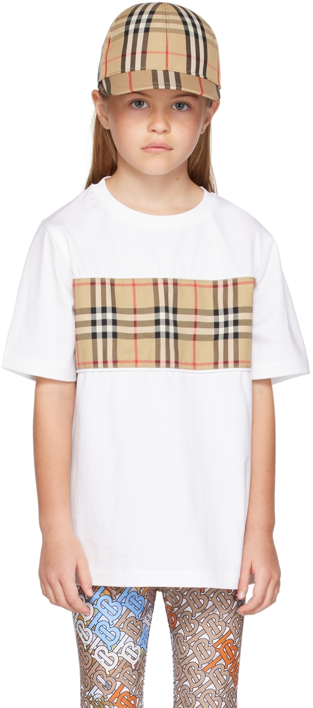 Kids White Check Panel T Shirt