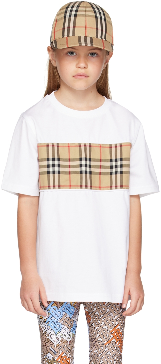 Shop Burberry Kids White Check Panel T-shirt