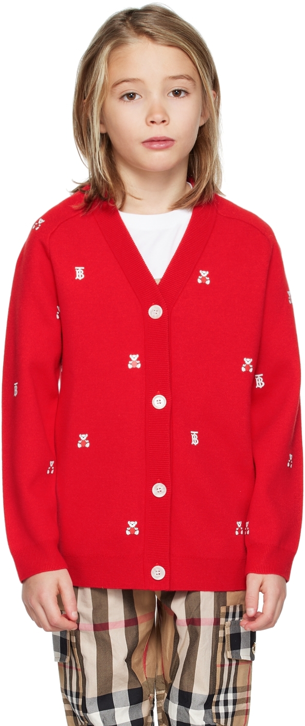 Burberry Kids Red Thomas Bear Cardigan In Bright Red Ip Pat