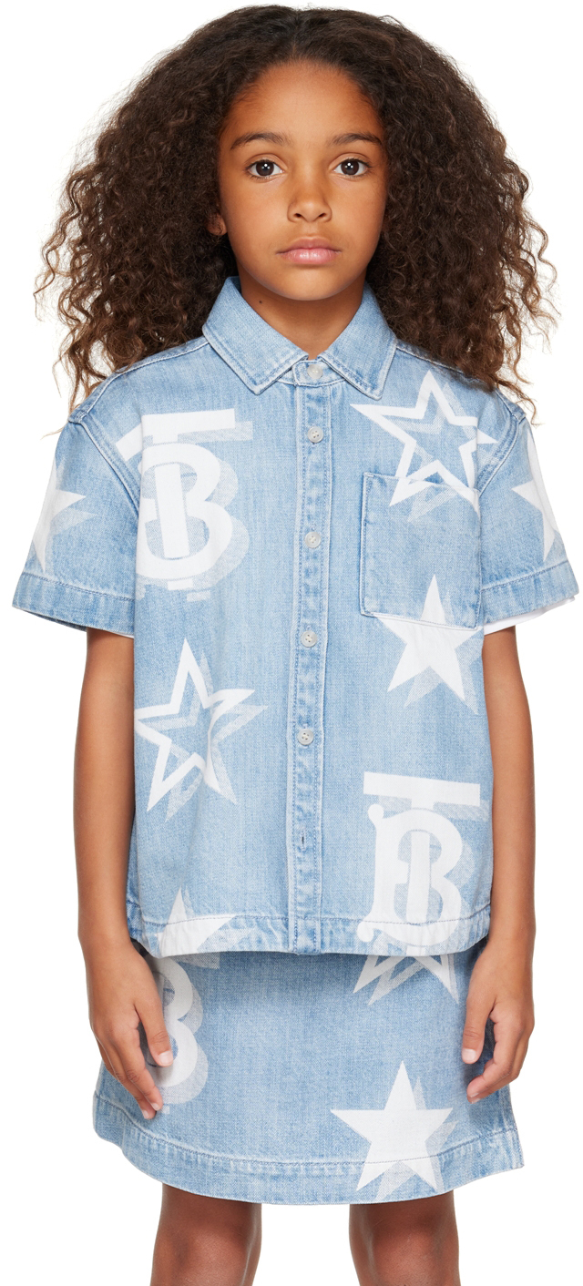 Burberry Babies' Kids Blue Star & Monogram Motif Denim Shirt In Pale Blue Ip Pat