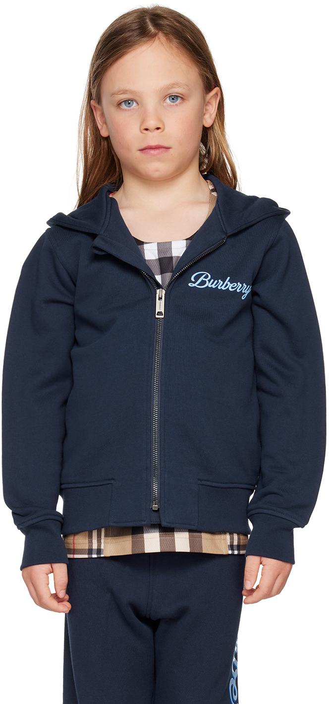 Shop Burberry Kids Navy Zip Hoodie In Deep Charcoal Blue