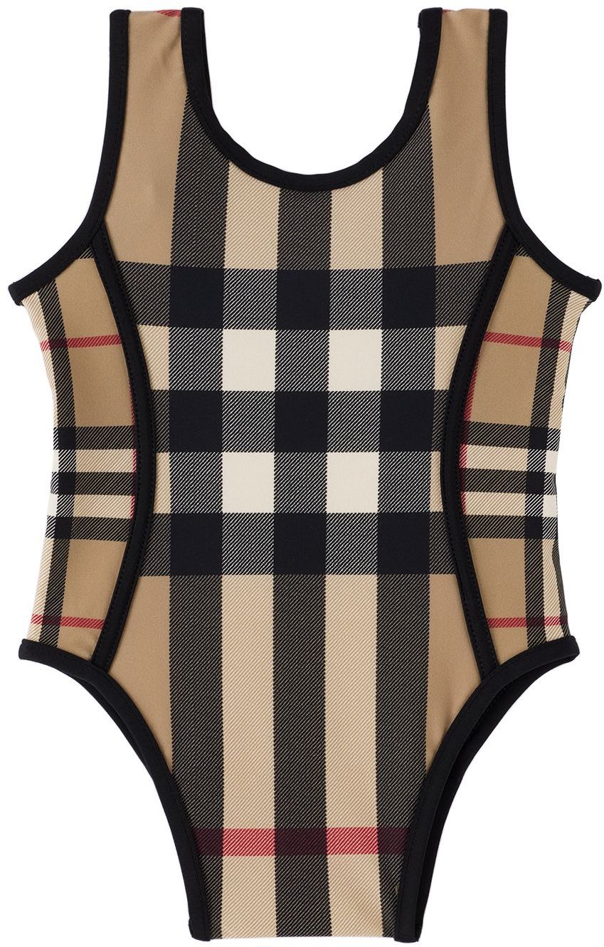 Shop Burberry Kids Beige Vintage Check One-piece Swimsuit In Archive Beige Ip Chk