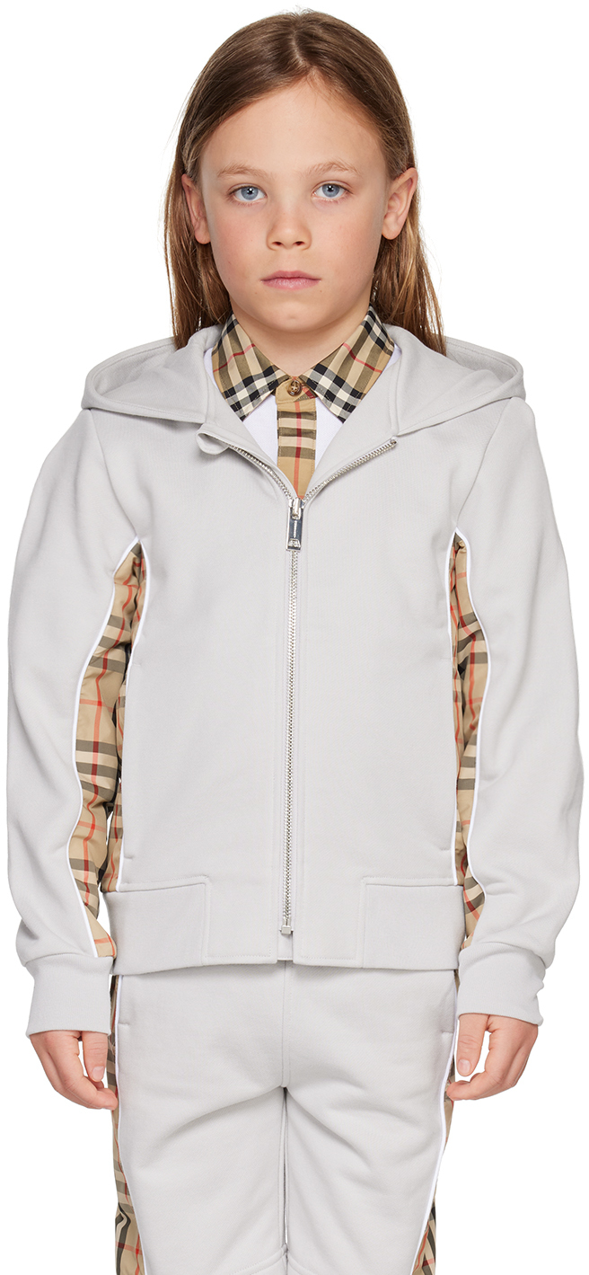 Shop Burberry Kids Gray & Beige Vintage Check Panel Hoodie In Soft Silver Grey