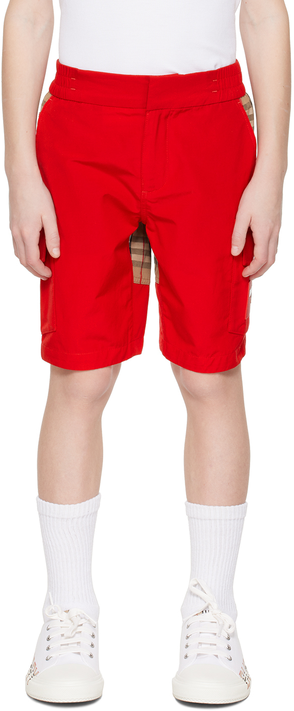 Burberry Childrens Check Panel Cotton Blend Shorts In Bright Red