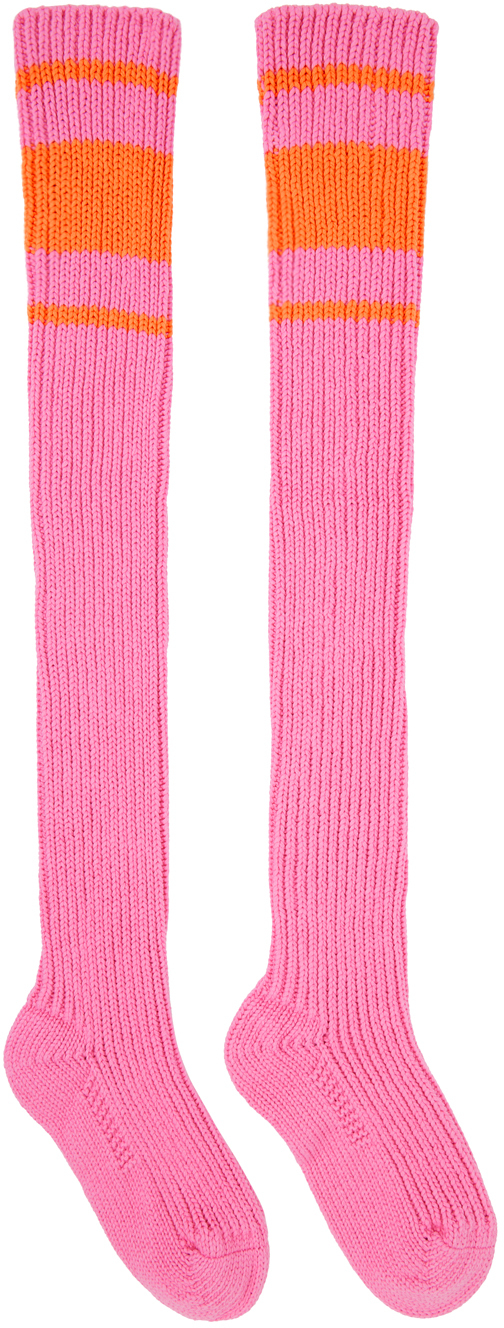 Marni Cotton Intarsia Knit Knee Socks In Pink