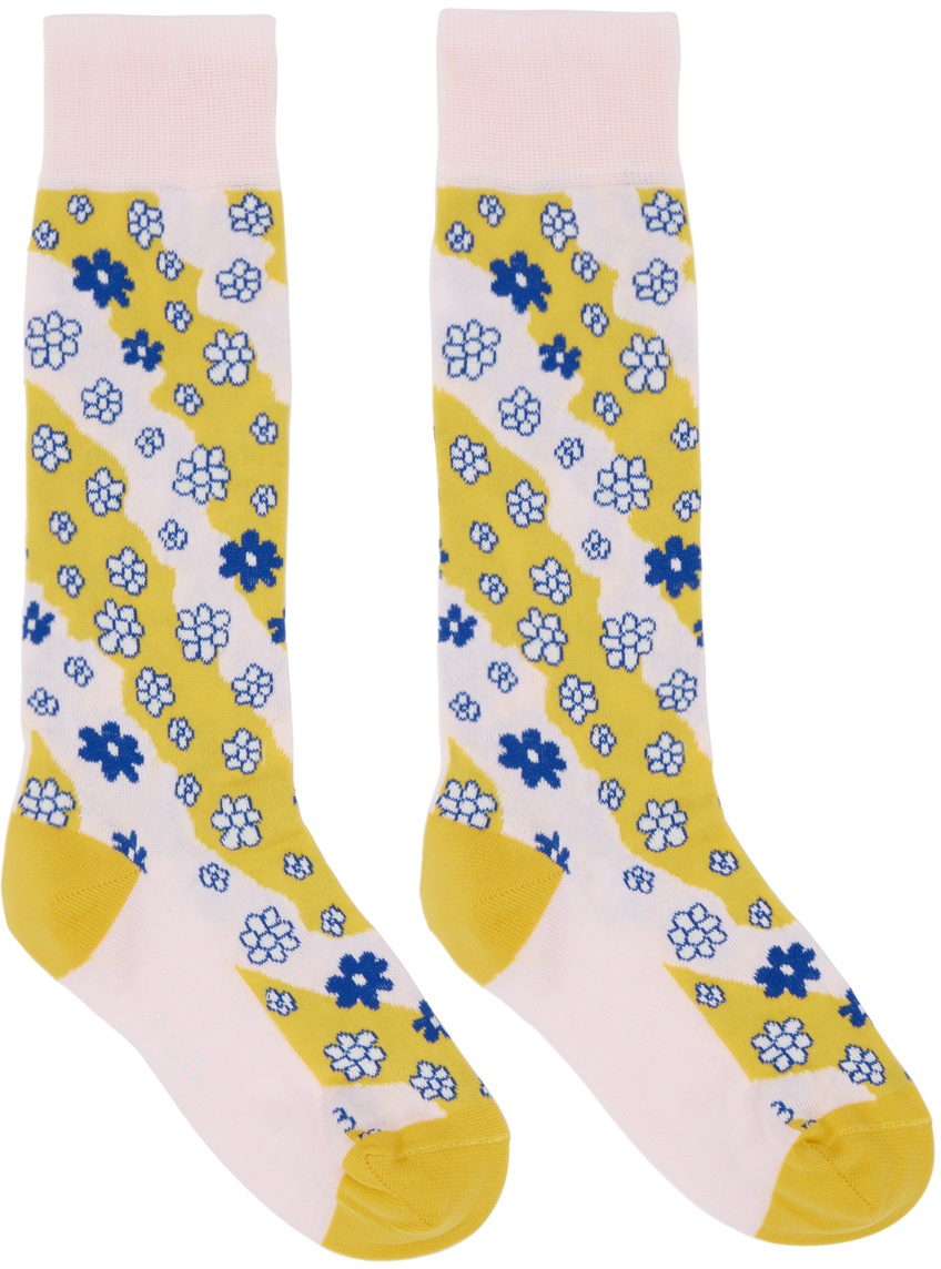 Marni: Pink & Yellow Stripy Flowers Socks | SSENSE