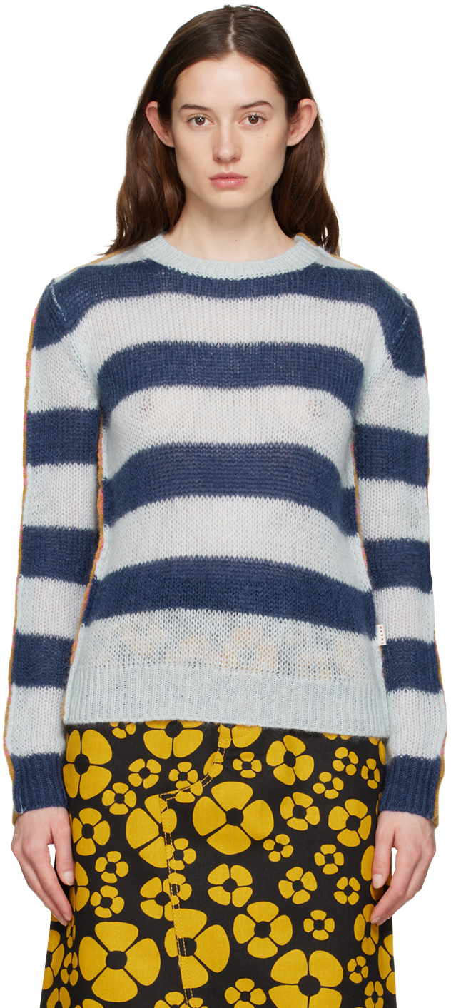 Marni: Blue & Tan Contrast Striped Sweater | SSENSE Canada