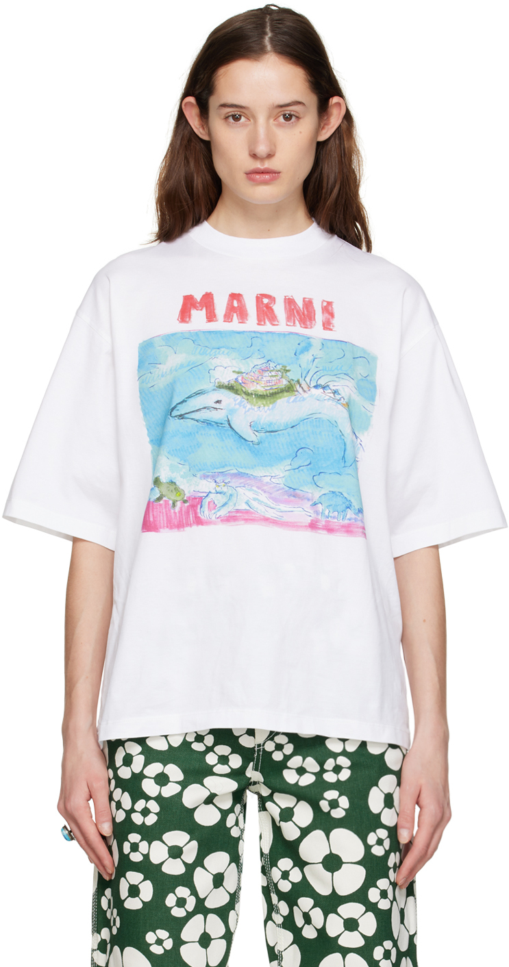 White Graphic T-Shirt by Marni on Sale