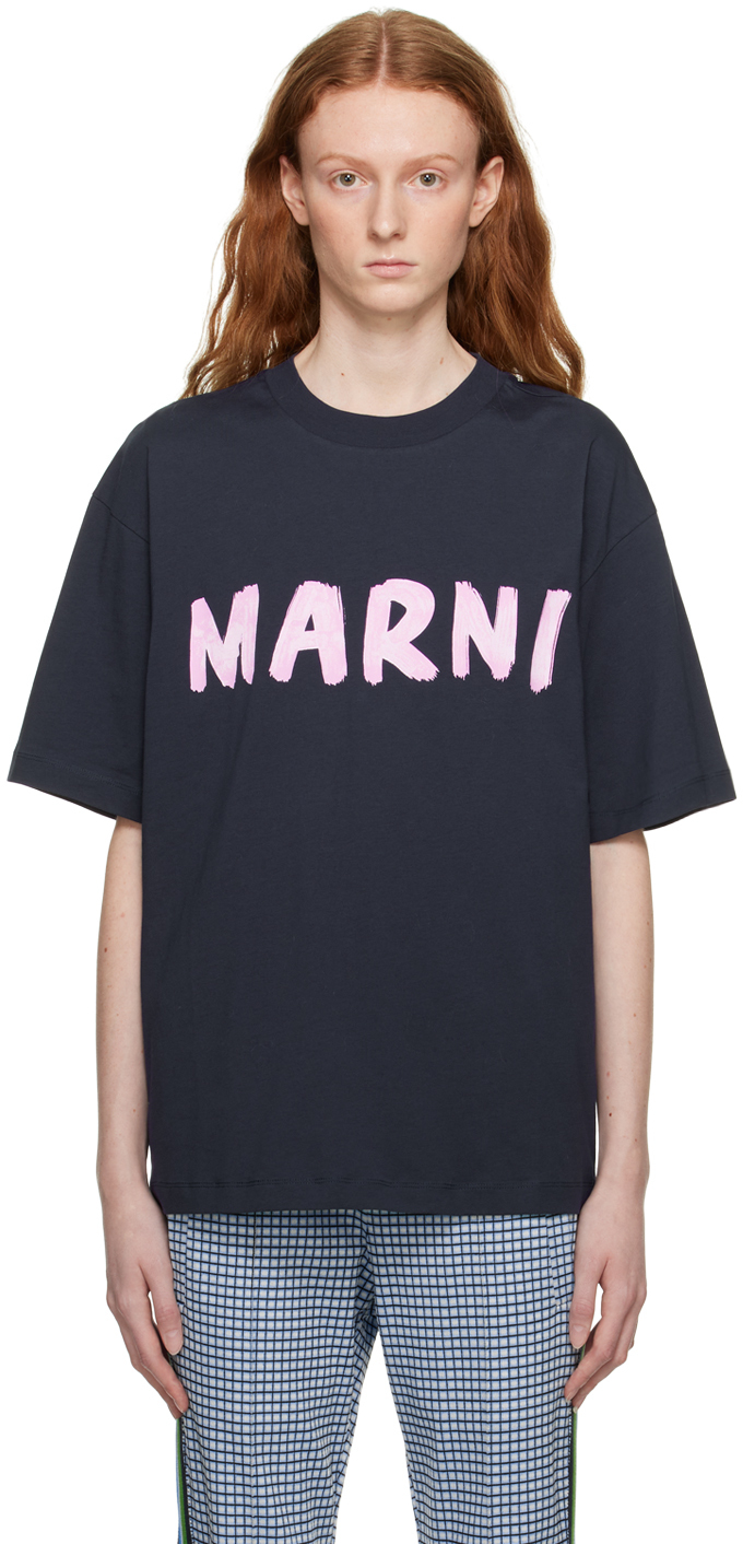 Marni: Navy Printed T-Shirt | SSENSE Canada