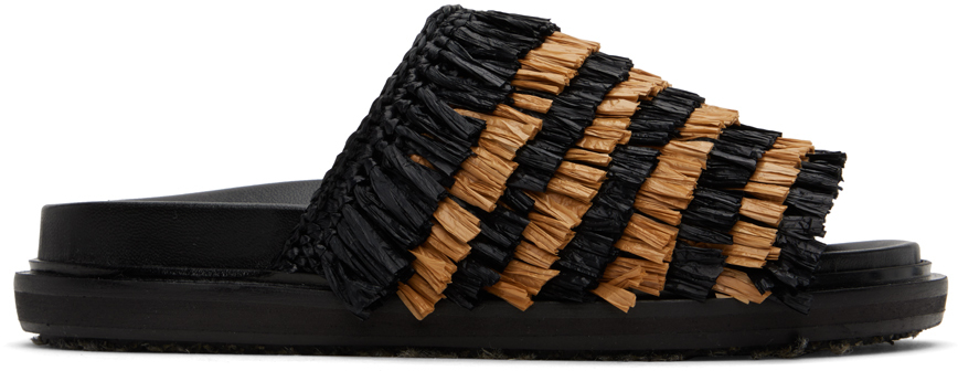 Black & Beige Fringe Sandals